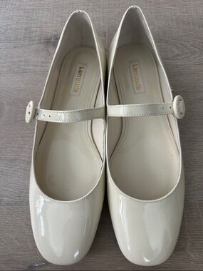 Larroude Patent Mary Jane Flats in Cream
